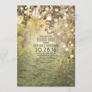Rustic string lights trees path rehearsal dinner invitation