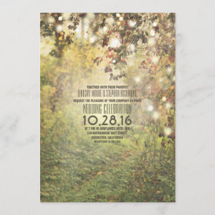 Rustic string lights trees path wedding invitation
