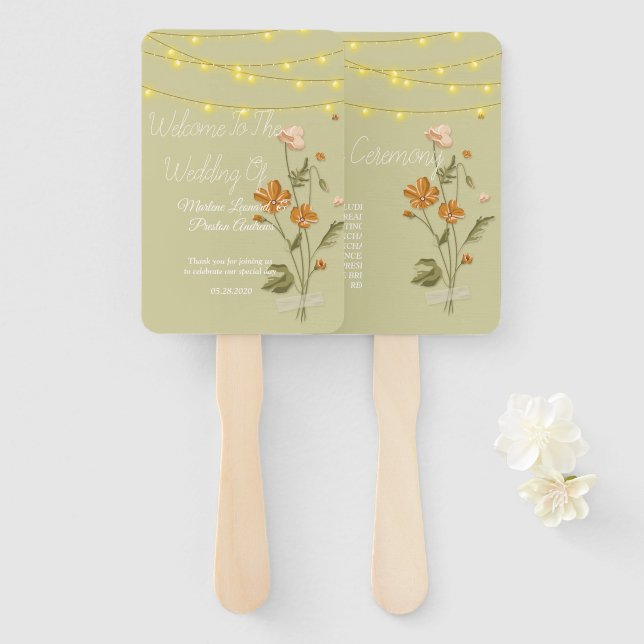 Rustic string lights trendy  Floral Wedding  Hand Fan (Front and Back)