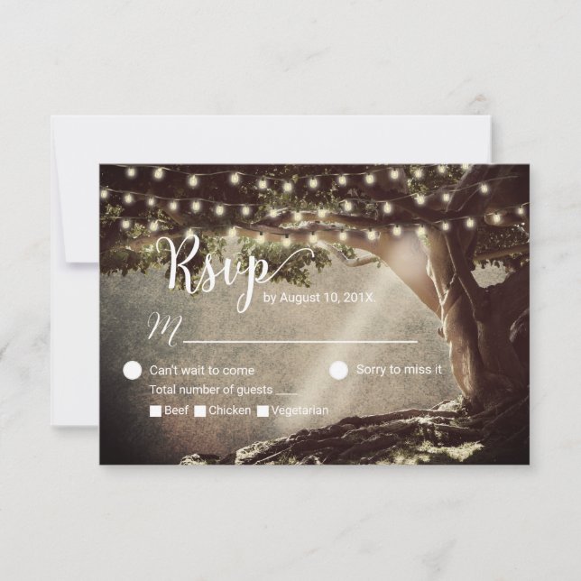 Rustic String Lights Vintage Tree Wedding RSVP Card (Front)