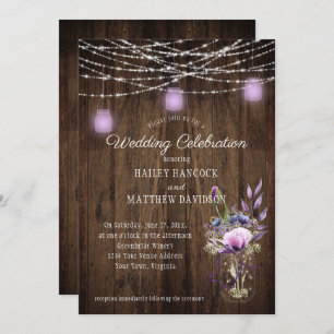 Rustic String Lights Violet Mason Jars Wedding Invitation