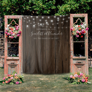 Rustic String Lights Wedding Backdrop Tapestry