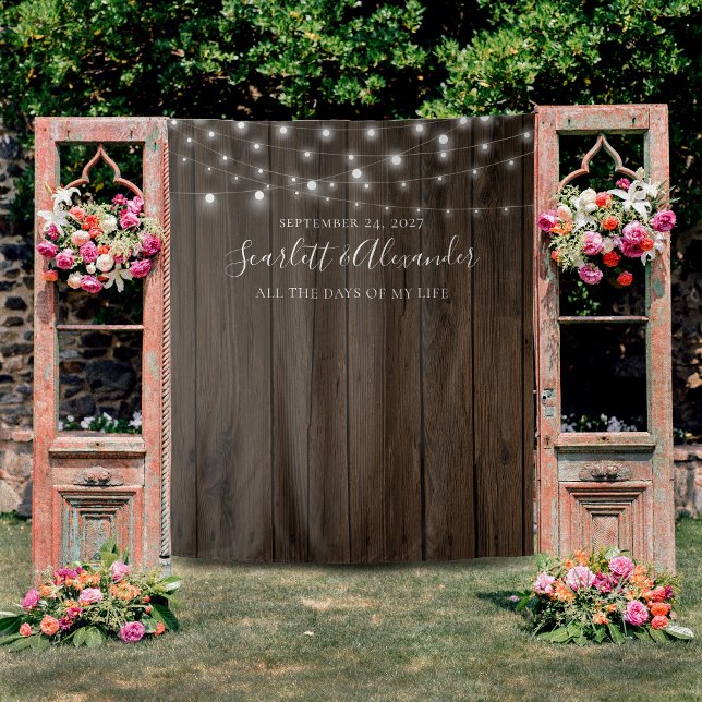 Rustic String Lights Wedding Backdrop Tapestry (Creator Uploaded)