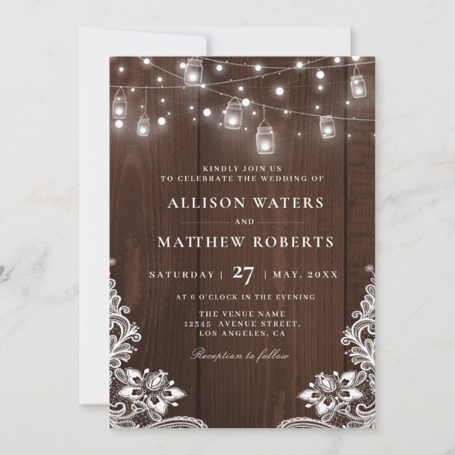 Rustic string lights  wedding invitation (Front)
