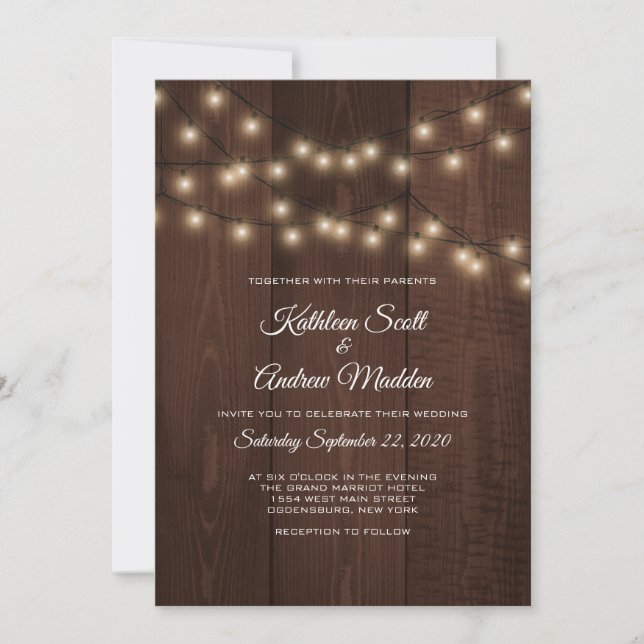 Rustic string lights wedding invitation (Front)