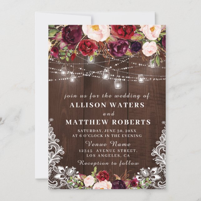 Rustic string lights wedding invitation (Front)