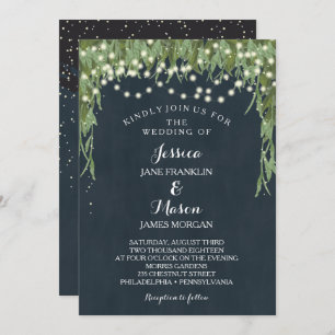 Rustic String Lights Wedding Invitation - Navy