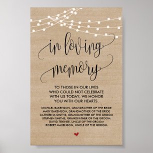 Rustic string lights Wedding Memorial Table Sign