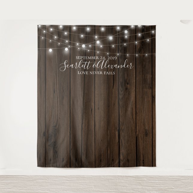 Rustic String Lights Wedding Photo Booth Backdrop Tapestry (Front)