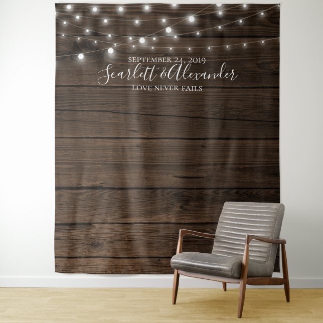 Rustic String Lights Wedding Photo Booth Backdrop Tapestry (In Situ)