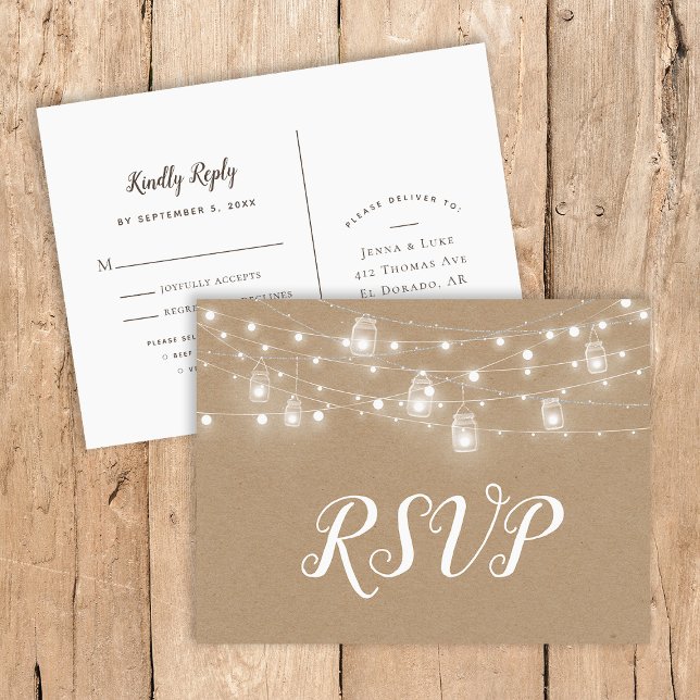 Rustic String Lights Wedding RSVP Postcard (Creator Uploaded)