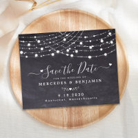 Rustic String Lights Wedding Save The Date Slate