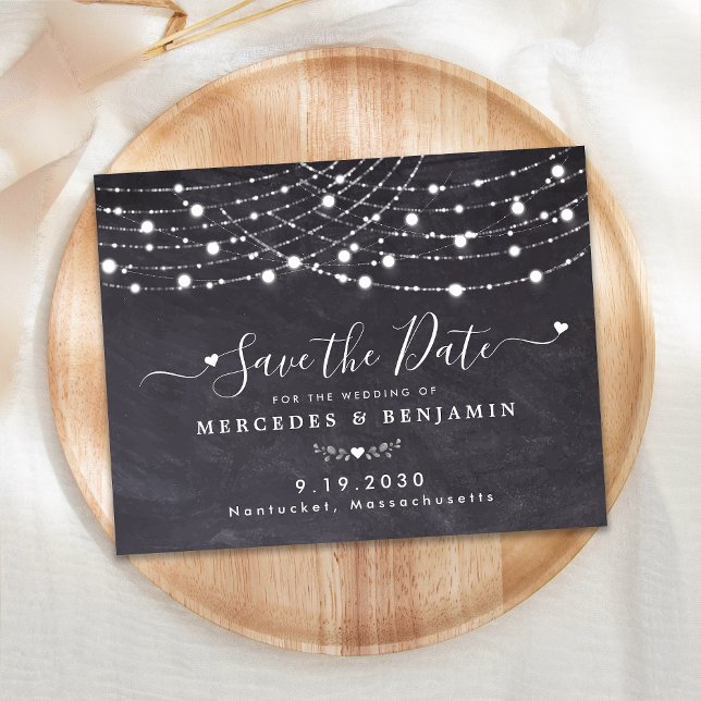 Rustic String Lights Wedding Save The Date Slate Card (Creator Uploaded)