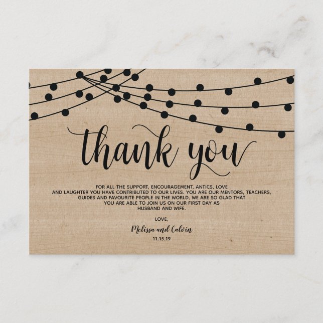 Rustic string lights wedding Thank You card design (Front)