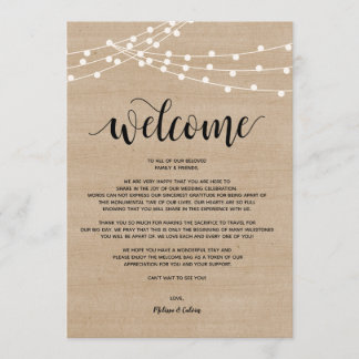 Rustic string lights Wedding Welcome and Itinerary Programme