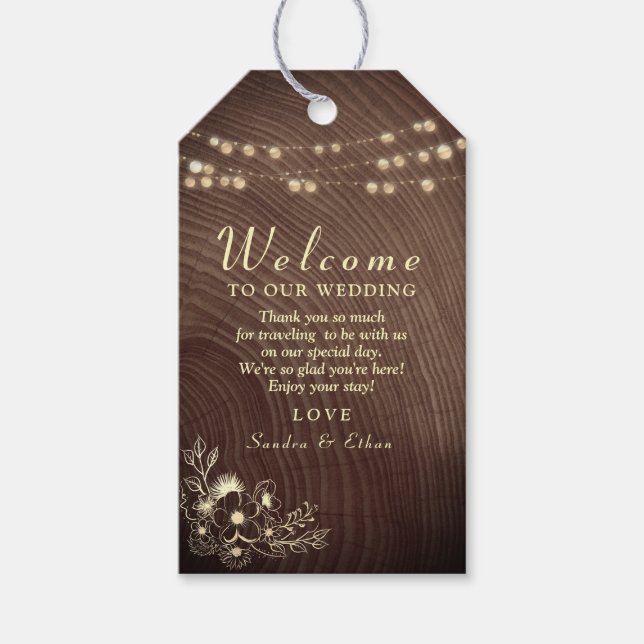 Rustic String Lights Wedding Welcome Tags (Front)