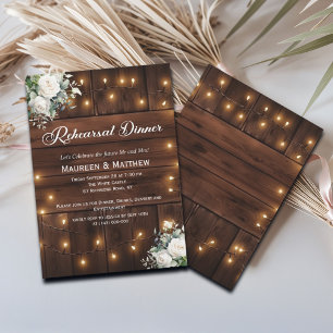 Rustic String Lights White Roses Rehearsal dinner Invitation