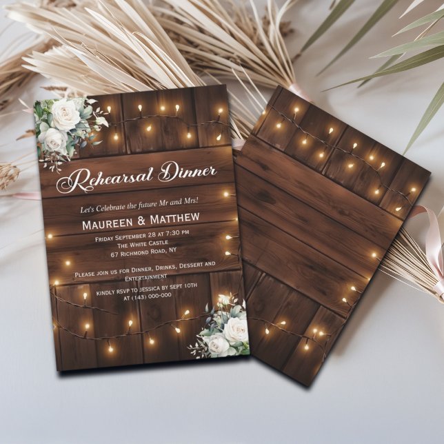 Rustic String Lights White Roses Rehearsal dinner Invitation (Creator Uploaded)