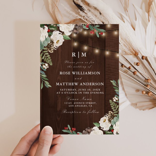 Rustic string lights winter wedding invitation (Creator Uploaded)