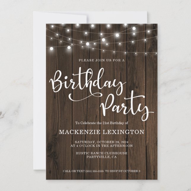 Rustic String Lights Wood 21st Birthday Party Invitation (Front)