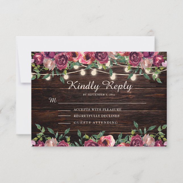 Rustic String Lights Wood Burgundy Floral  RSVP Card (Front)