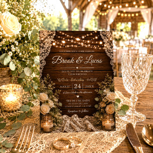 Rustic String Lights Wood Candles Lace Wedding Invitation