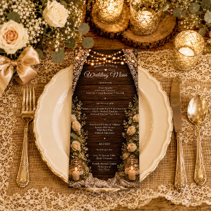 Rustic String Lights Wood Candles Lace Wedding Menu