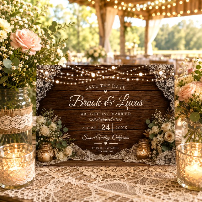 Rustic String Lights Wood Candles Lace Wedding Save The Date (Creator Uploaded)