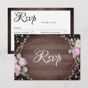 Rustic String Lights Wood & Floral RSVP Wedding Card
