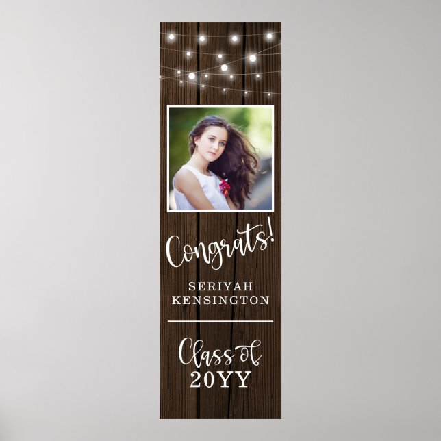 Rustic String Lights Wood Graduation Vertical Poster (Front)