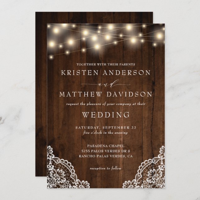 Rustic String Lights Wood Lace Detail Wedding Invitation (Front/Back)