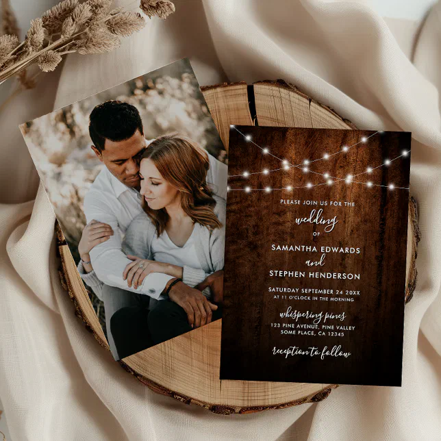 Rustic String Lights & Wood Photo Wedding Invitation | Zazzle