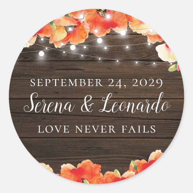 Rustic String Lights Wood Poppy Wedding Date Classic Round Sticker (Front)