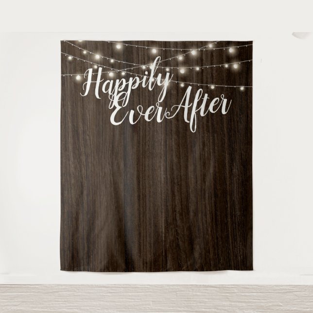 Rustic String Lights Wood Wedding Backdrop Tapestry (Front)
