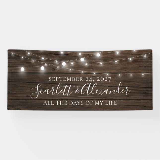 Rustic String Lights Wood Wedding Banner (Horizontal)