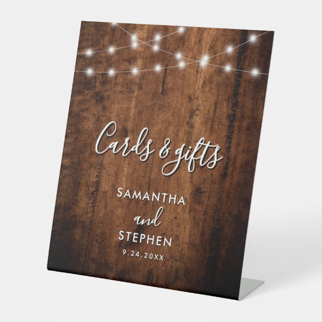 Rustic String Lights & Wood Wedding Cards & Gifts Pedestal Sign (Front)