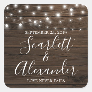 Rustic String Lights Wood Wedding Date Square Sticker
