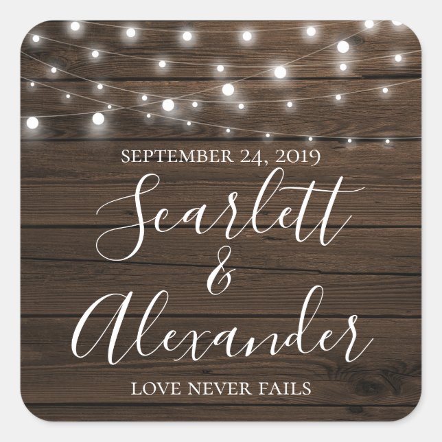 Rustic String Lights Wood Wedding Date Square Sticker (Front)