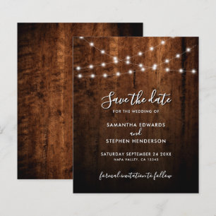 Rustic String Lights & Wood Wedding Save The Date