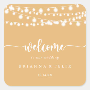 Rustic String Lights Yellow Wedding Welcome   Square Sticker