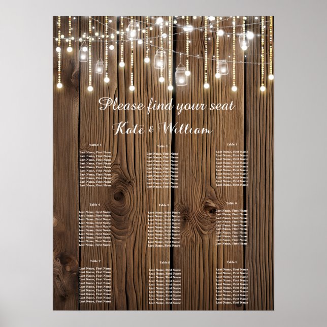 Rustic string of lights Seating Plan Poster (Front)