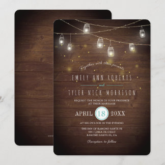 Rustic Strings of Mason Jars Fireflies Wedding Invitation
