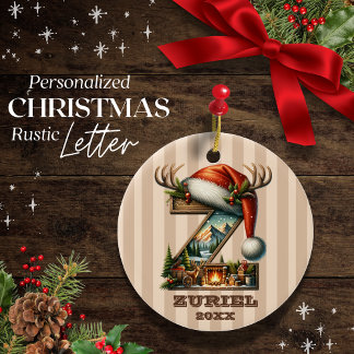 Rustic Striped Letter Z Custom Name Christmas  Ceramic Tree Decoration