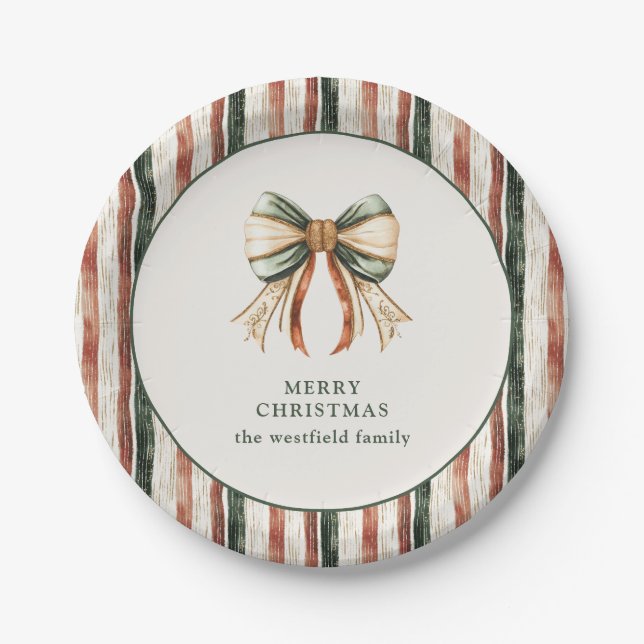 Rustic Stripes Personalised Merry  Christmas Paper Plate (Front)