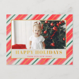 Rustic Stripes Red and Green We've Moved Photo Ho Holiday Postcard