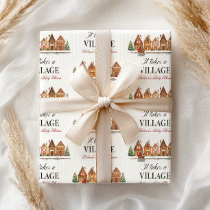 Rustic Stroller Village Houses Winter Baby Shower Wrapping Paper