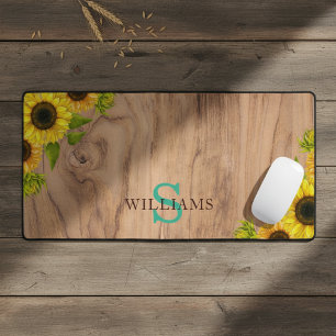 Rustic Style Desk Mat with Sunflowers, Wood Effect