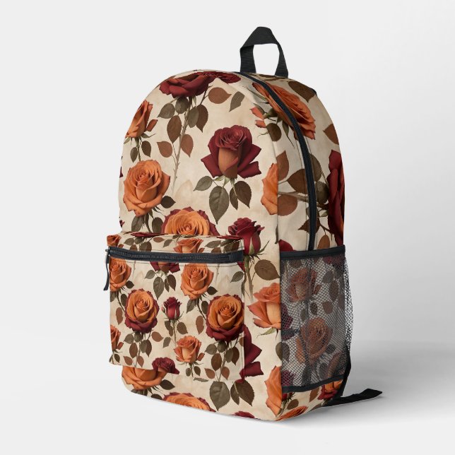 Rustic Style Roses In Shades Of Orange And Red Printed Backpack (Back Corner Right)