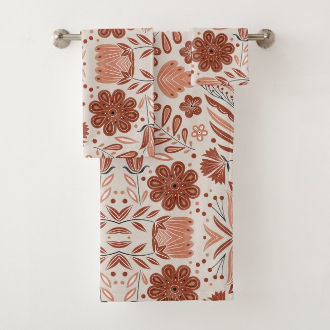 Rustic Stylised Terracotta Floral Pattern Bath Towel Set (Insitu)