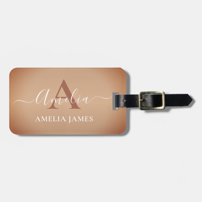 Rustic Stylish Brushed Copper Metal Monogrammed Luggage Tag (Front Horizontal)